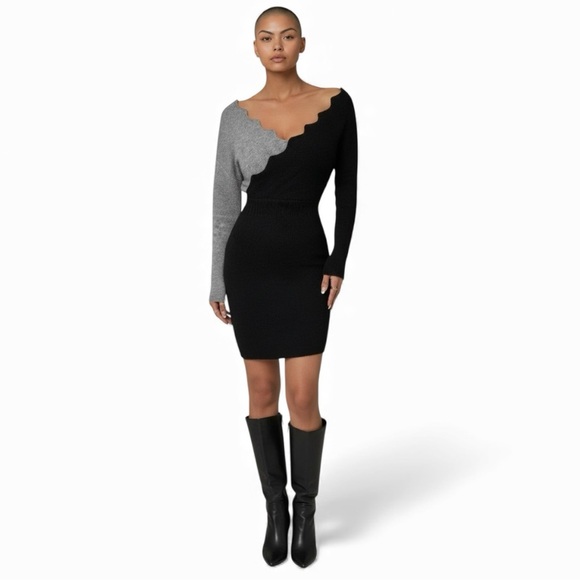 Sweater dress COLOR BLOCK ribbed knit faux wrap bodycon black gray women medium - Picture 1 of 16
